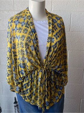 Cato Yellow Floral Tie-Front Tunic with Blue Print